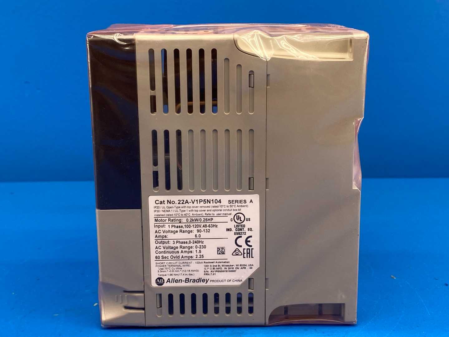 Allen-Bradley PowerFlex 4 Variable Frequency Drive (VFD) 22A-V1P5N104, 0.25HP, 1.5A, 120V, Single-Phase AC Input