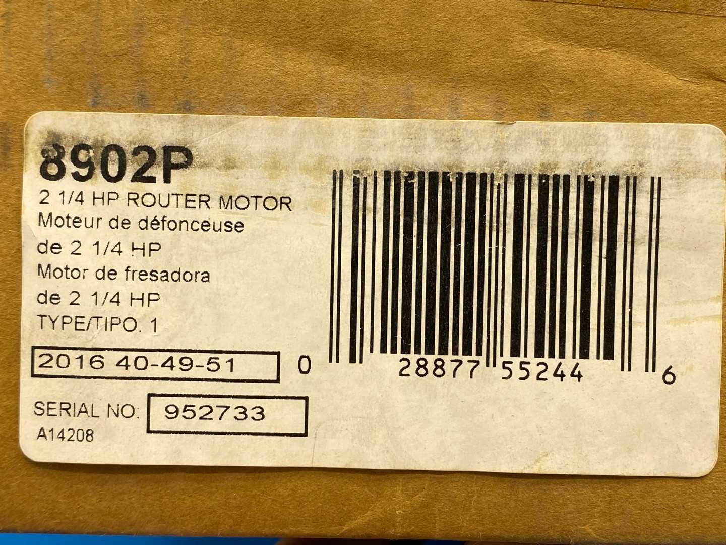 2-1/4 HP 120V 10000-23000/Min (RPM) Porter-Cable 8902P Router Motor 12A 60Hz