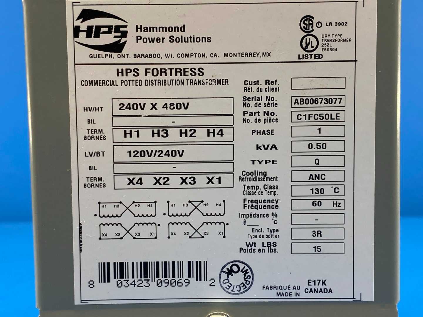 Hammond Power Solutions C1FC50LE HPS Fortress 1PH Potted Transformer 0.50kVA 240/480V Primary 120/240V Secondary