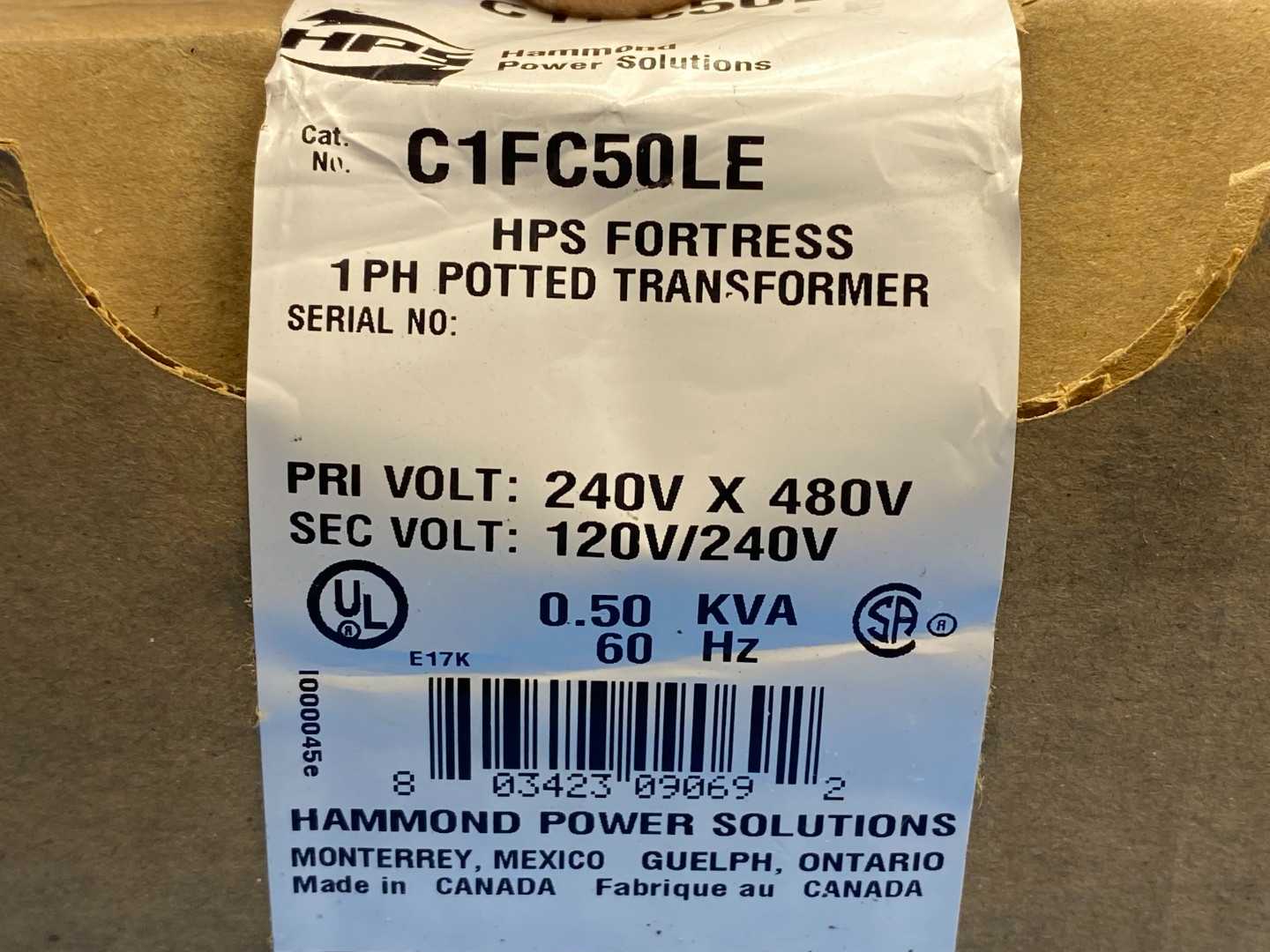 Hammond Power Solutions C1FC50LE HPS Fortress 1PH Potted Transformer 0.50kVA 240/480V Primary 120/240V Secondary