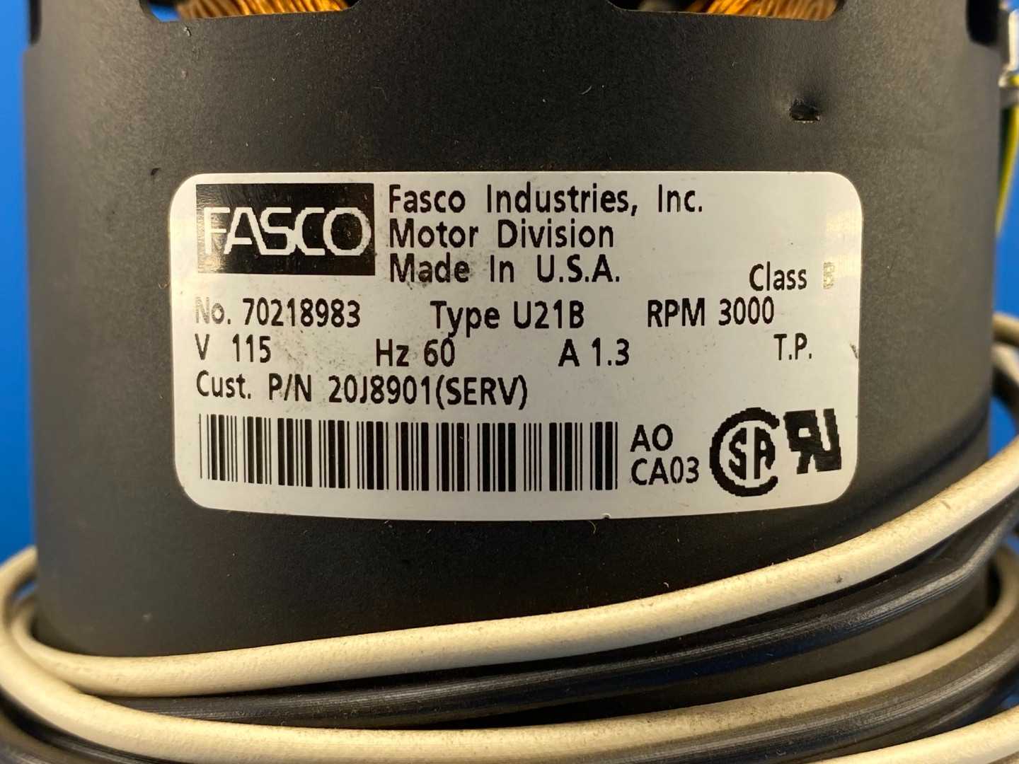 Fasco Industries No. 70218983 Type U21B Furnace Exhaust Draft Inducer Motor 115V 1.3A 3000RPM