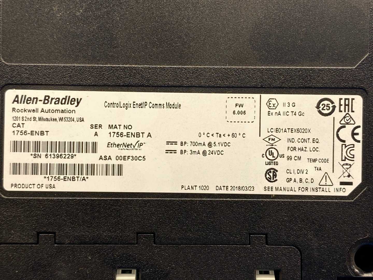 Allen-Bradley 1756-ENBT ControlLogix Enet/IP Comms Module Series A