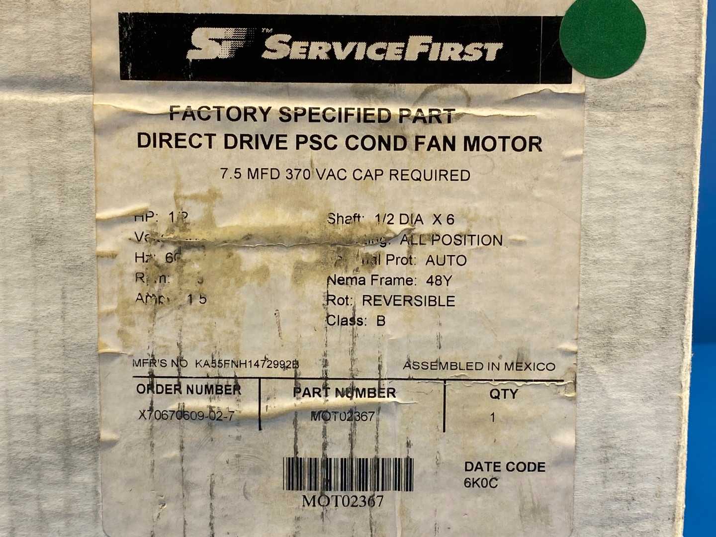 1/2 HP, 460V, 1 PH, 1100 RPM, Emerson Fan Motor KA55HXFBH-1742 (M0T02367) Shaft: 1/2DIA x 6, Frame 48Y, 1.5Amps