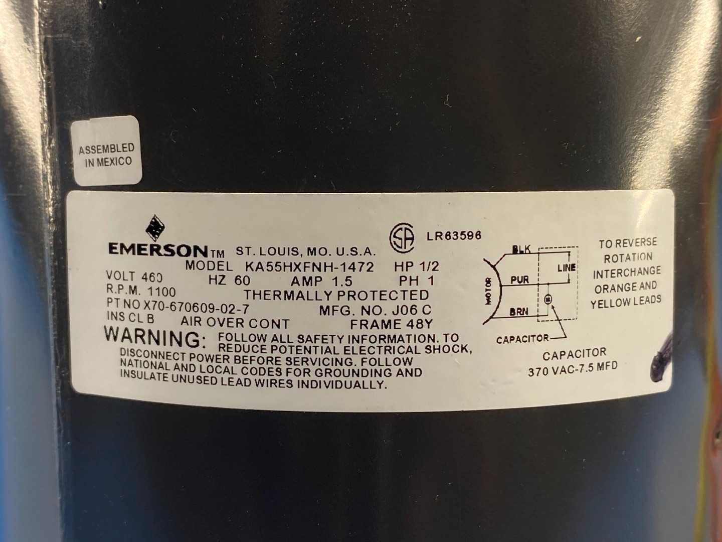 1/2 HP, 460V, 1 PH, 1100 RPM, Emerson Fan Motor KA55HXFBH-1742 (M0T02367) Shaft: 1/2DIA x 6, Frame 48Y, 1.5Amps