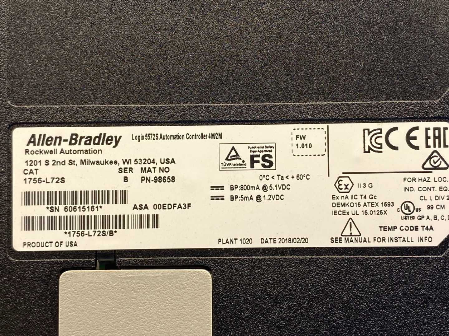 Allen-Bradley 1756-L72S, Logix 5572S Automation Controller, 4M/2M