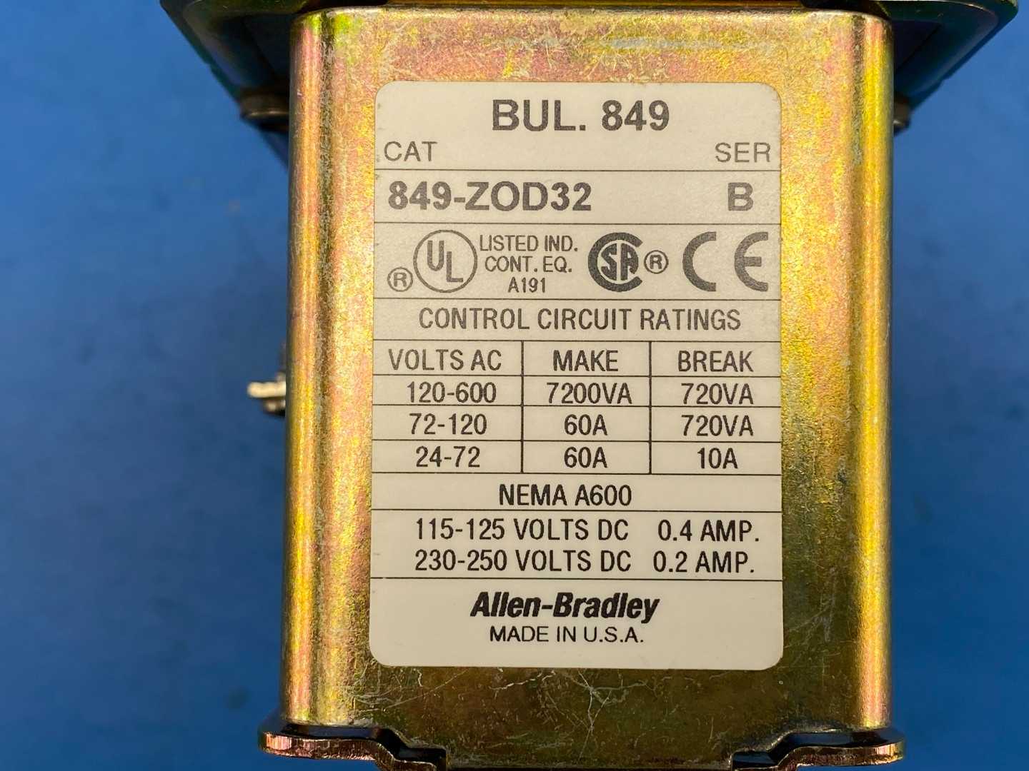 Allen-Bradley 849-Z0D32 Pneumatic Timing Relay Series B 110V/120V NEMA A600