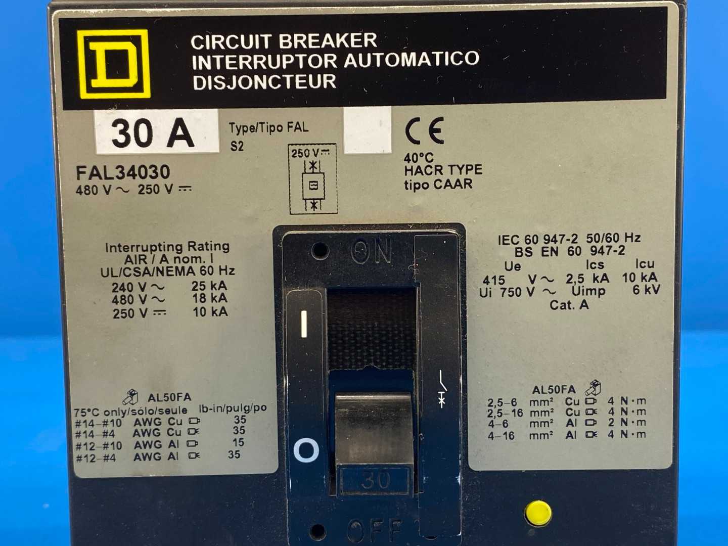30Amp Square D FAL34030 Circuit Breaker, 3-Pole, 480V AC, 250V DC, 50/60 Hz