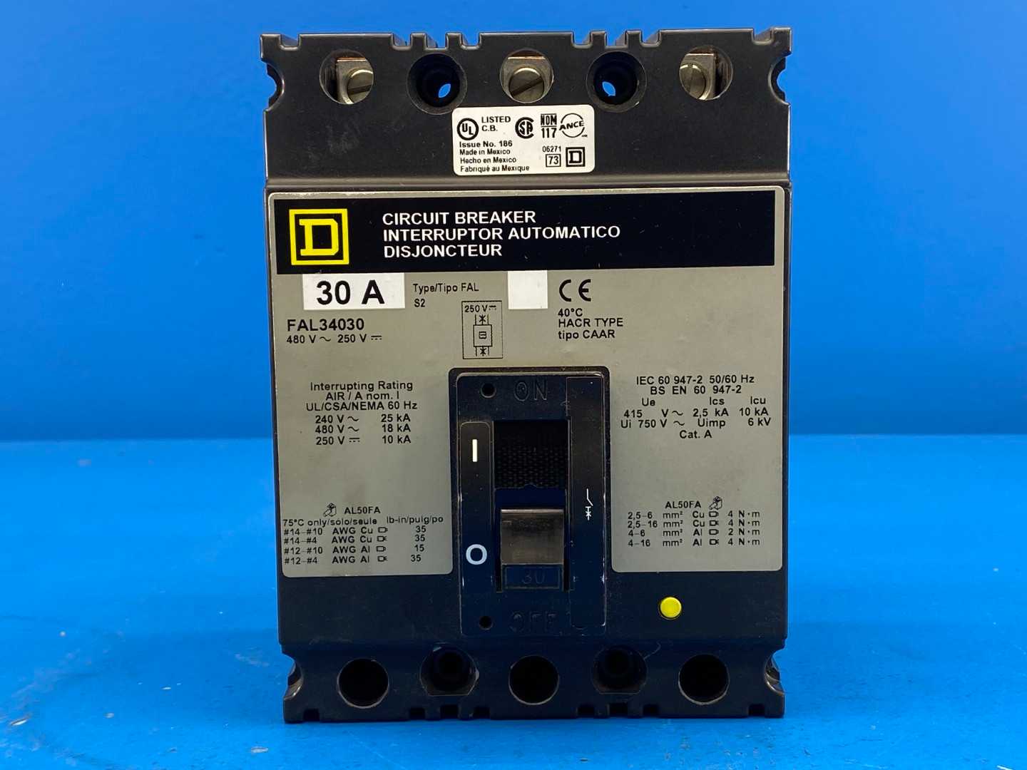 30Amp Square D FAL34030 Circuit Breaker, 3-Pole, 480V AC, 250V DC, 50/60 Hz