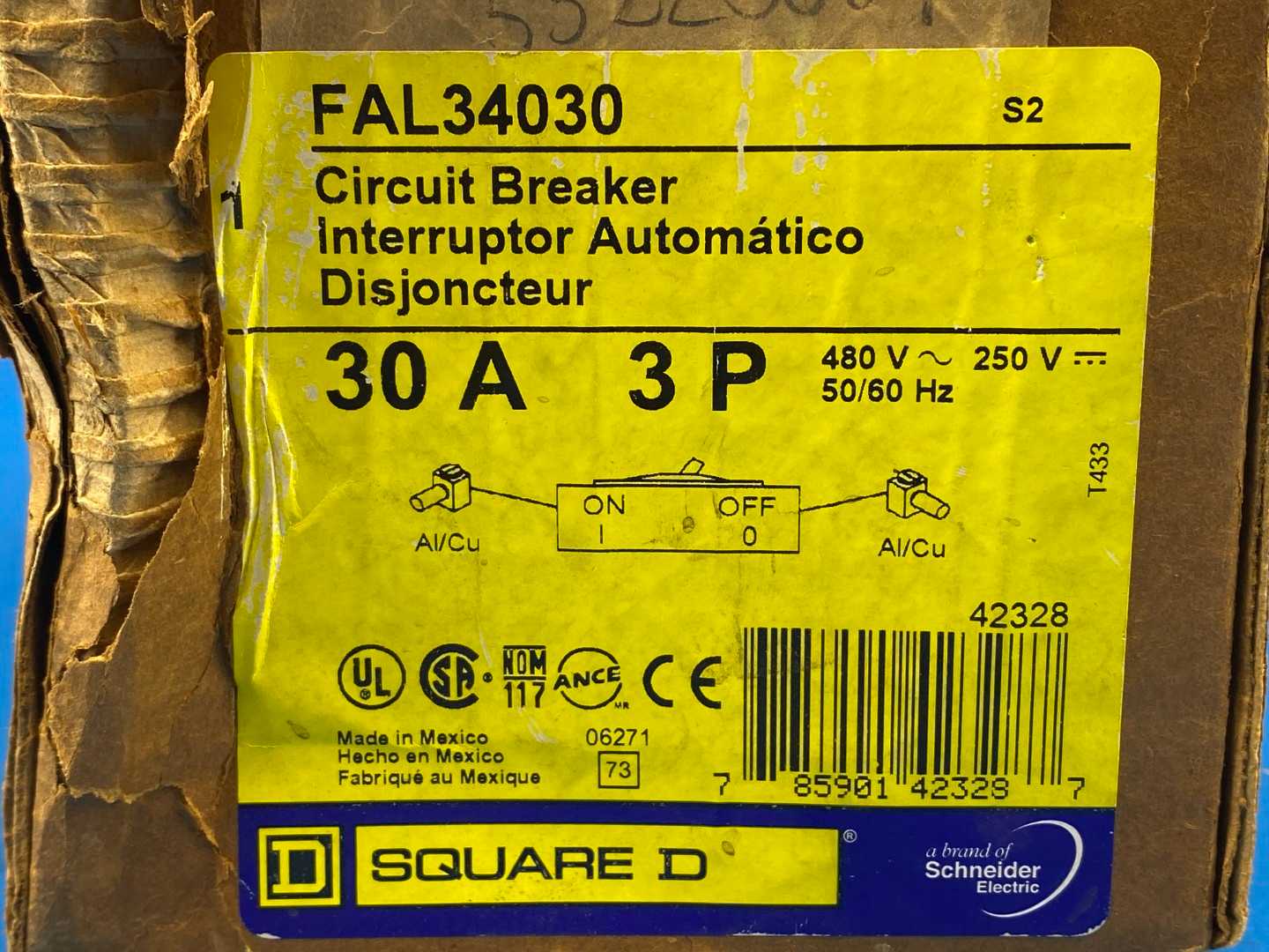 30Amp Square D FAL34030 Circuit Breaker, 3-Pole, 480V AC, 250V DC, 50/60 Hz