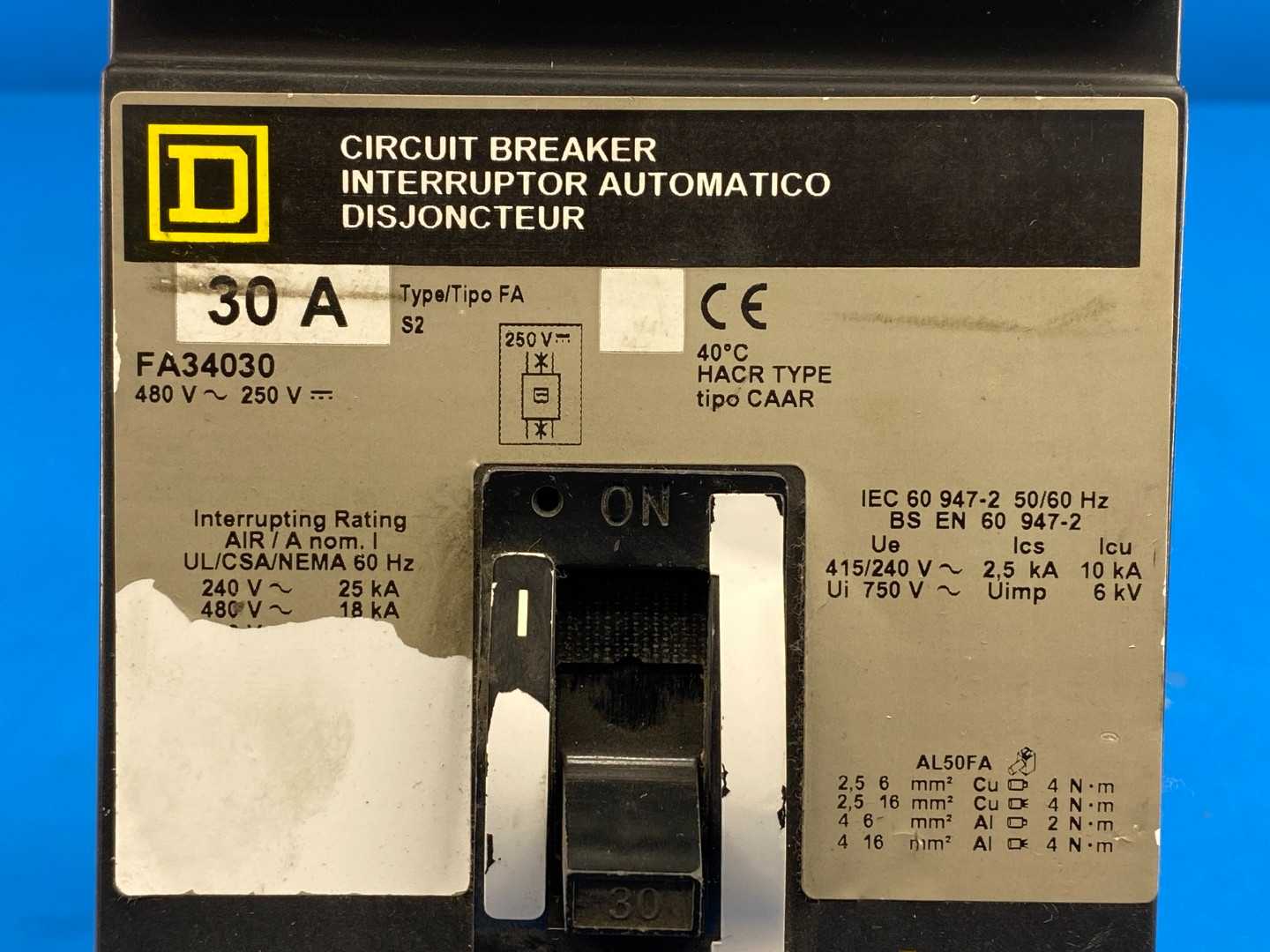 30 Amp Square D Circuit Breaker FA34030, 480 VAC 3 Pole
