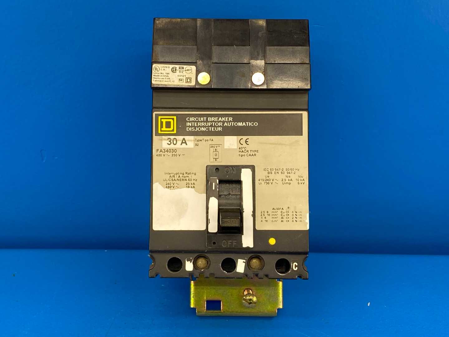 30 Amp Square D Circuit Breaker FA34030, 480 VAC 3 Pole