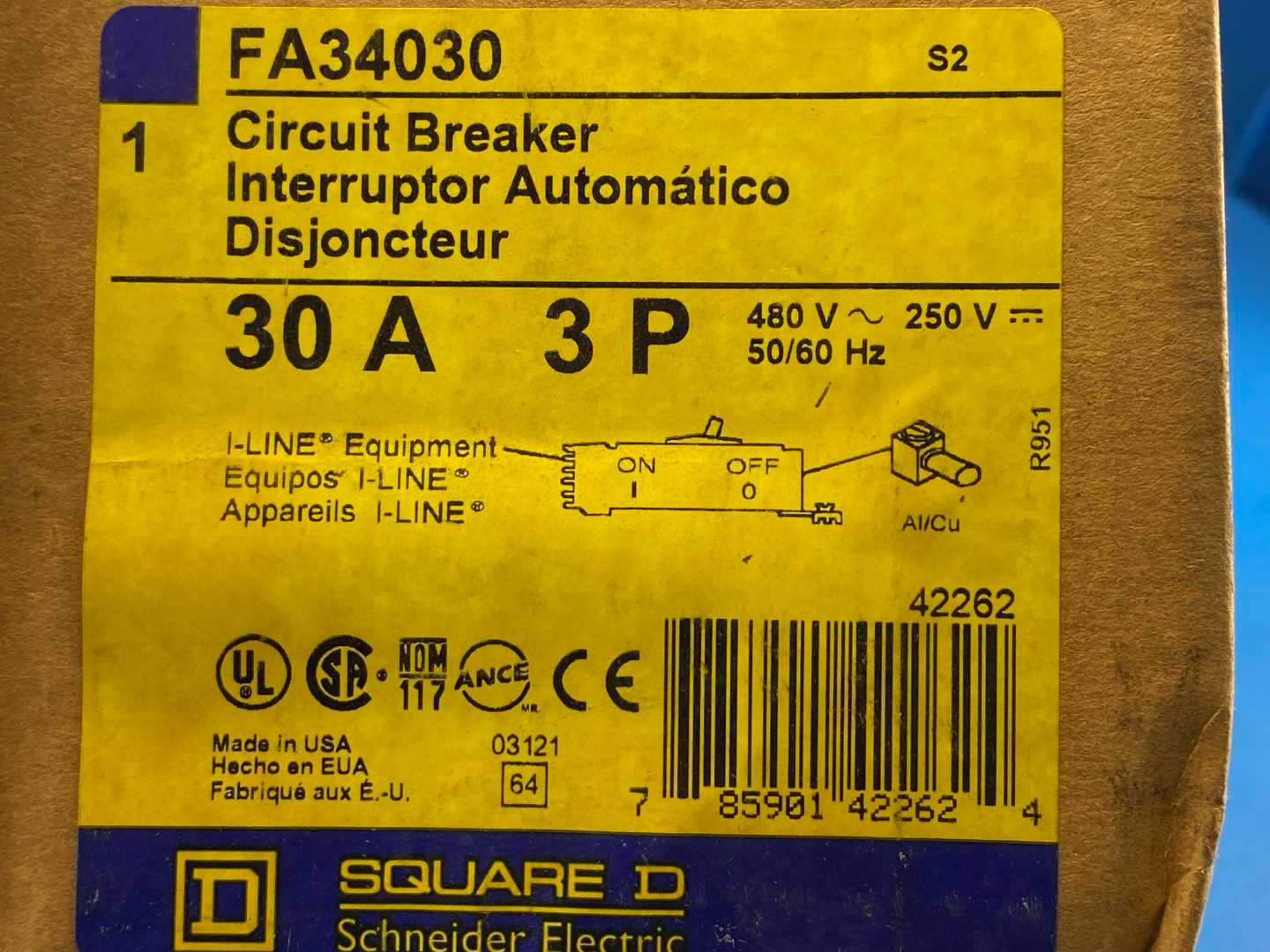 30 Amp Square D Circuit Breaker FA34030, 480 VAC 3 Pole