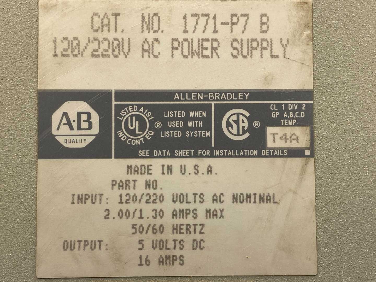 Allen-Bradley 1771-P7 B, 120/220V  AC Power Supply