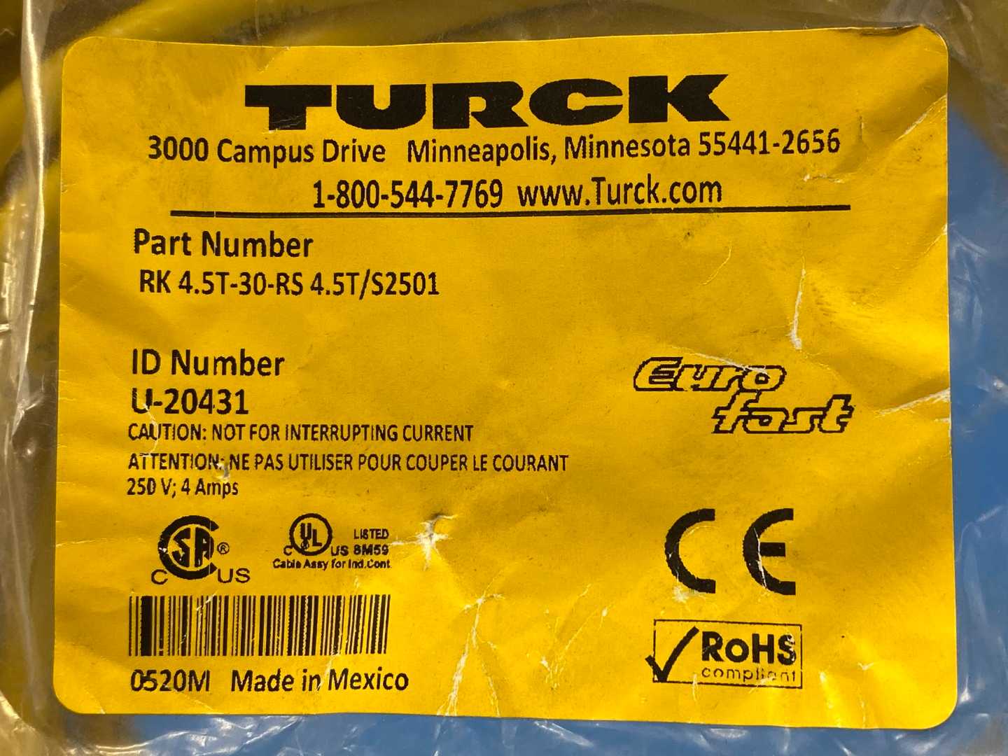 Turck RK 4.5T-30-RS 4.5T/S2501 Eurofast Cable 250V 4A 30m / 98ft length Actuator and Sensor Cable (extension cable).