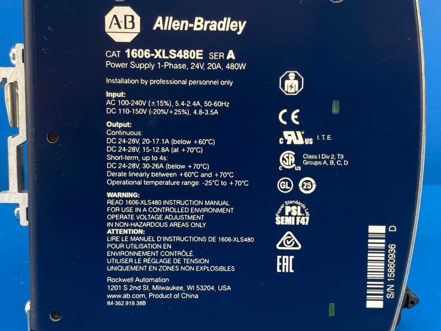 Allen-Bradley 1606-XLS480E DC Power Supply Series A Single-Phase AC 100-240V DC110-150V