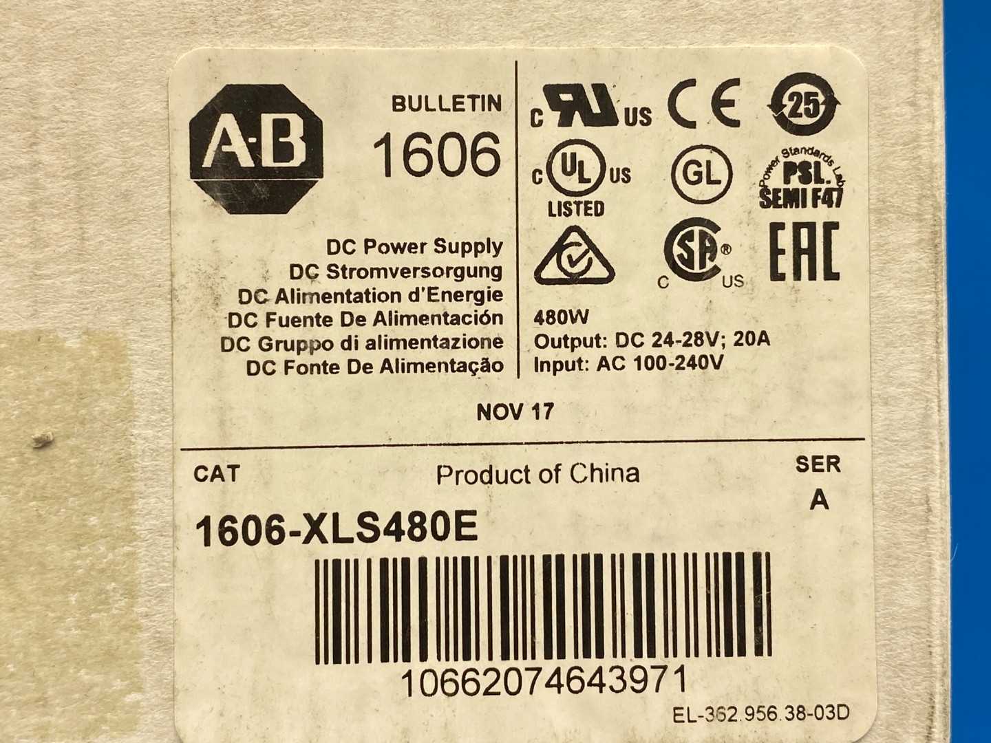 Allen-Bradley 1606-XLS480E DC Power Supply Series A Single-Phase AC 100-240V DC110-150V