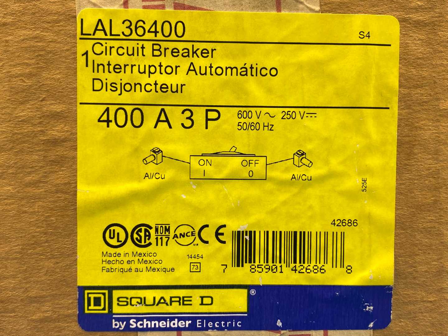 Square D LAL36400 Circuit Breaker 400 Amp 3 Pole 600V 3 Phase LAL Series Molded Case