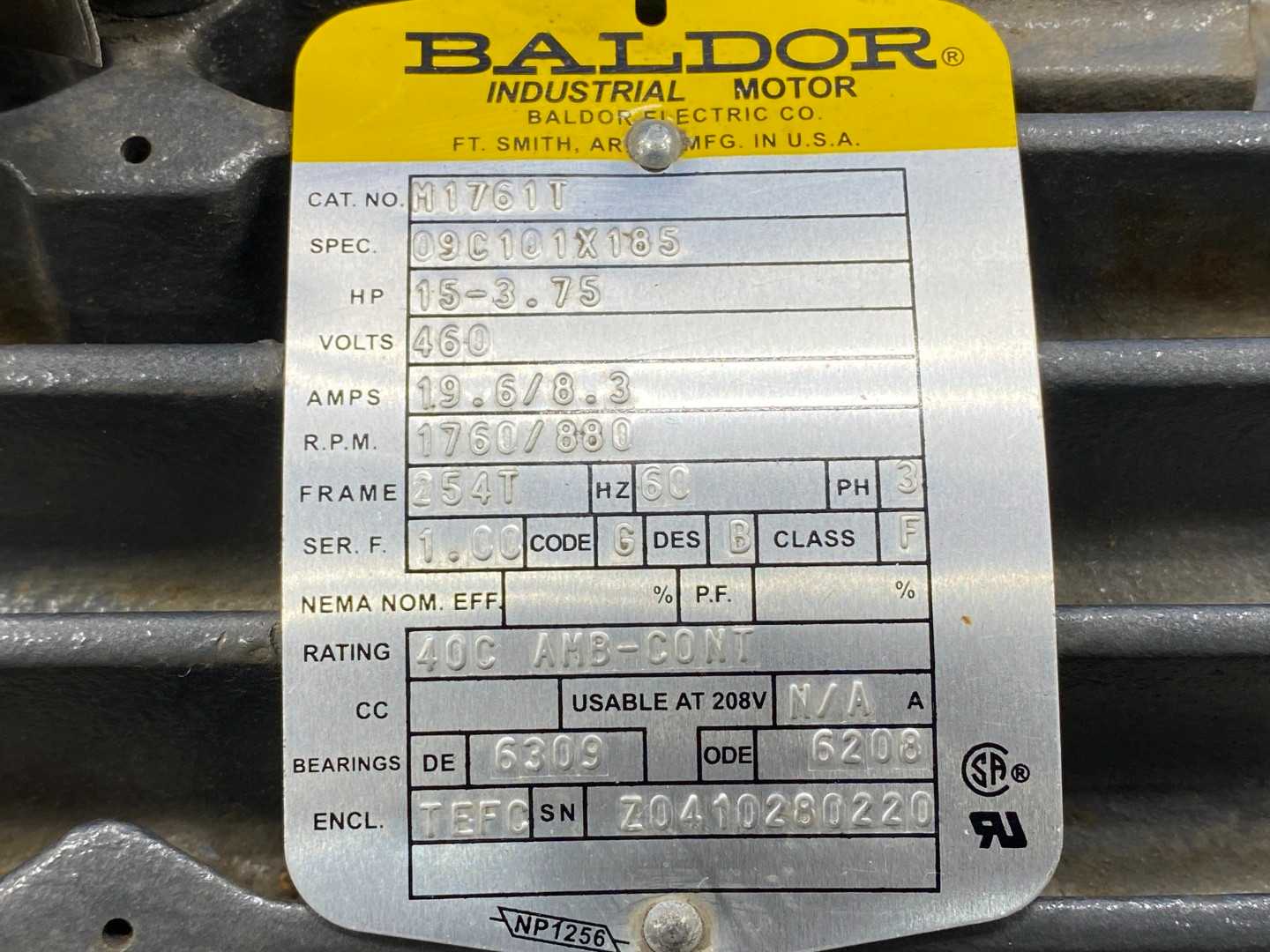 Baldor M1761T, 15-3.75 HP 2 speed Motor, 3 Phase, 1725 RPM