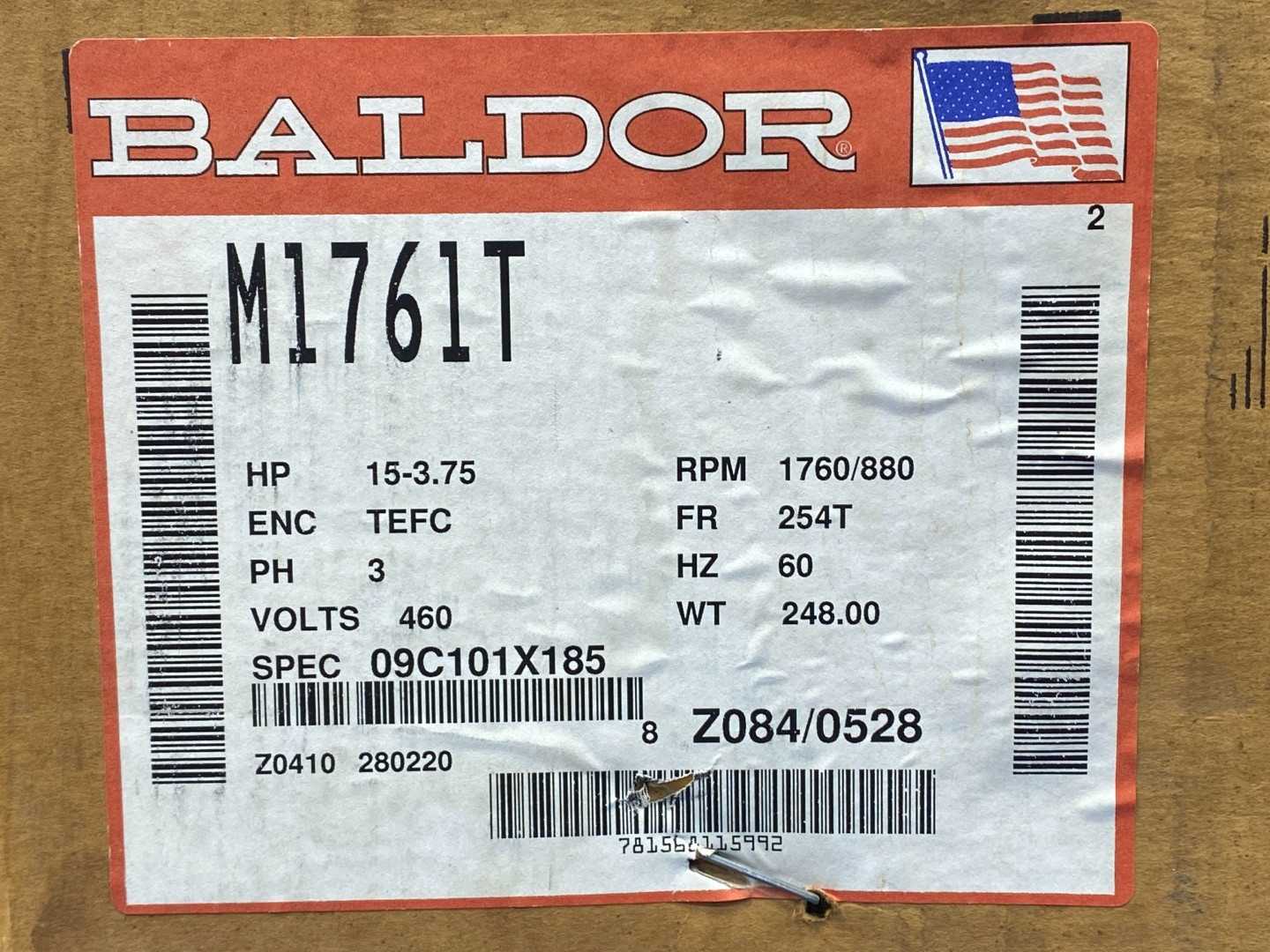 Baldor M1761T, 15-3.75 HP 2 speed Motor, 3 Phase, 1725 RPM