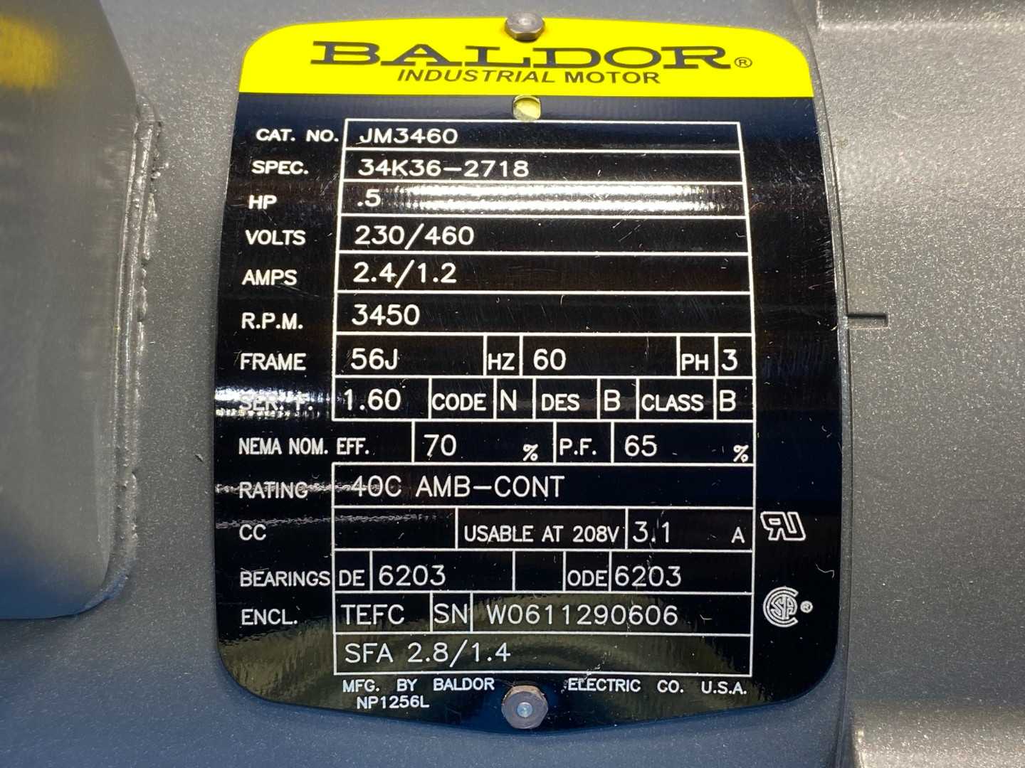 Baldor JM3460 Industrial Motor 0.5 HP 230/460V 3450 RPM TEFC 3-Phase 56J Frame
