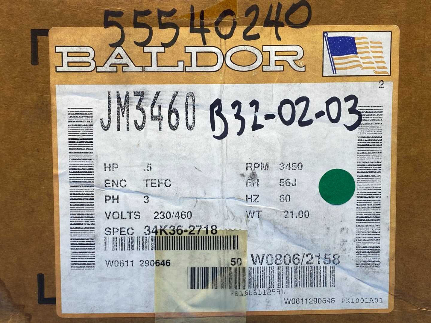 Baldor JM3460 Industrial Motor 0.5 HP 230/460V 3450 RPM TEFC 3-Phase 56J Frame