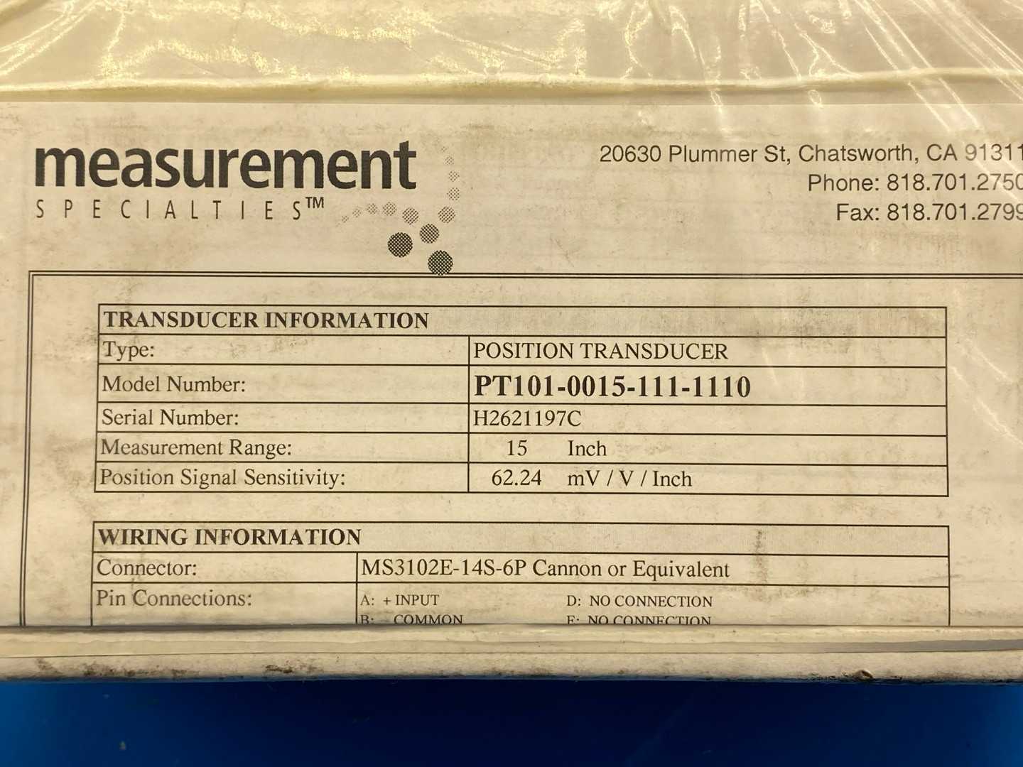 Celesco PT101-0015-111-1110, Position Transducer 62.24 mV / V / Inch 15" Measurement Range