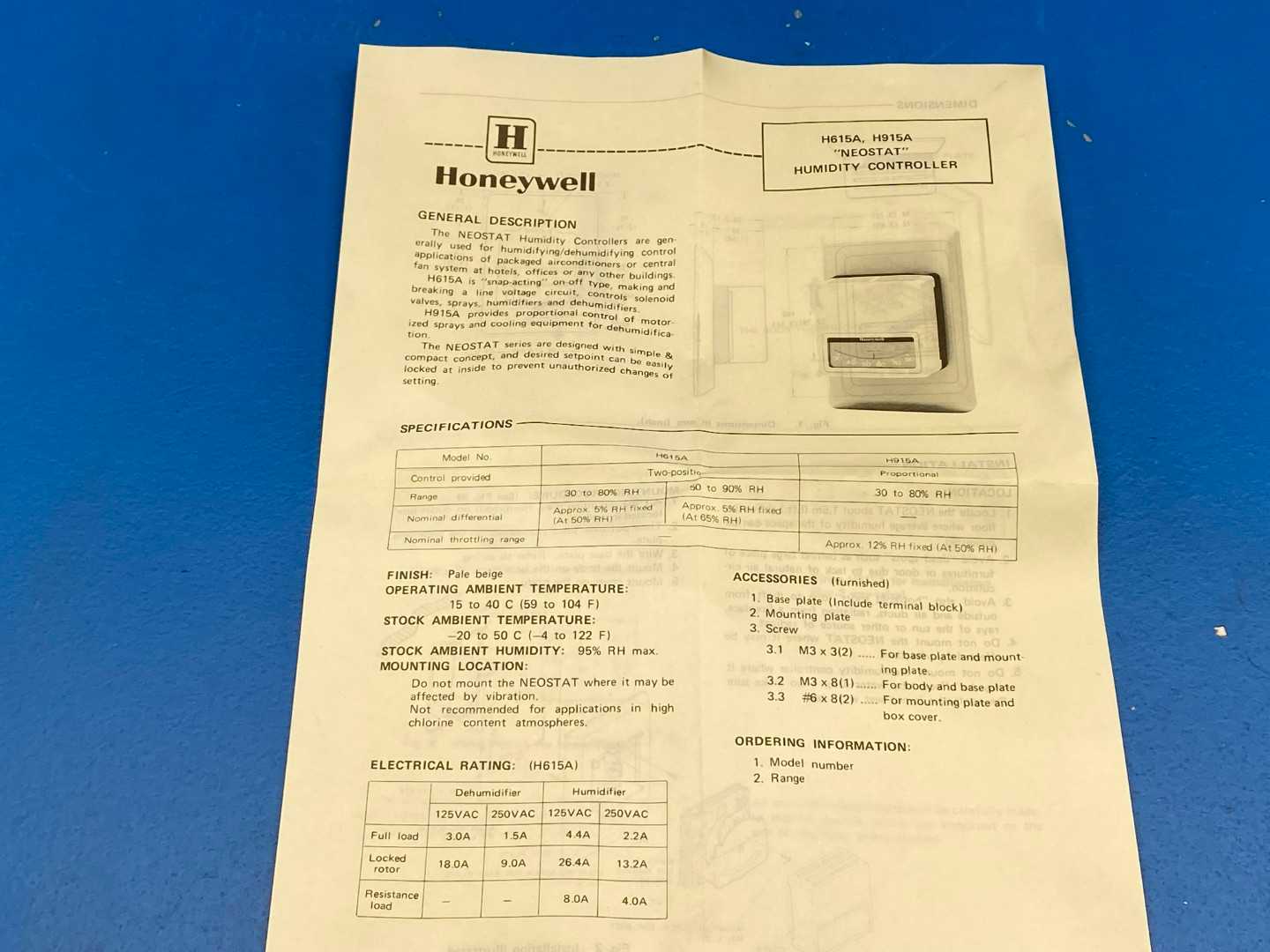 Honeywell H915A2014 Proportioning Humidity Control 30-80% RH , 135 OHM