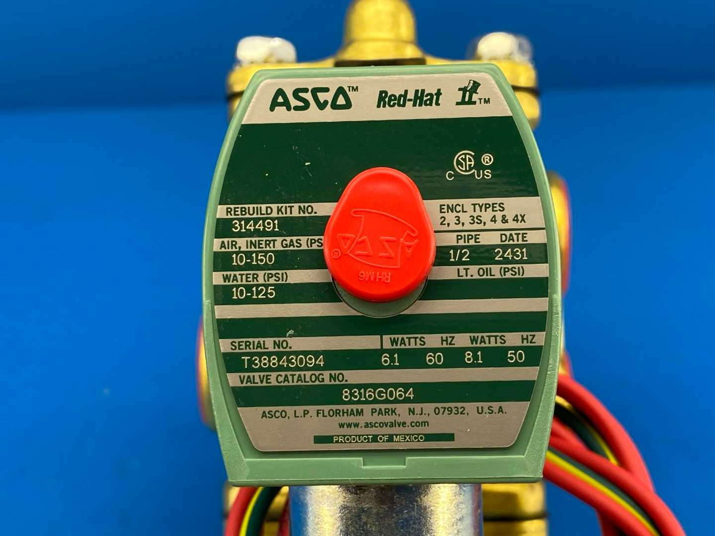 ASCO Red-Hat 8316G064 Solenoid Valve 1/2" pipe 110/120V 10-150 PSI Gas 10-125 PSI Water