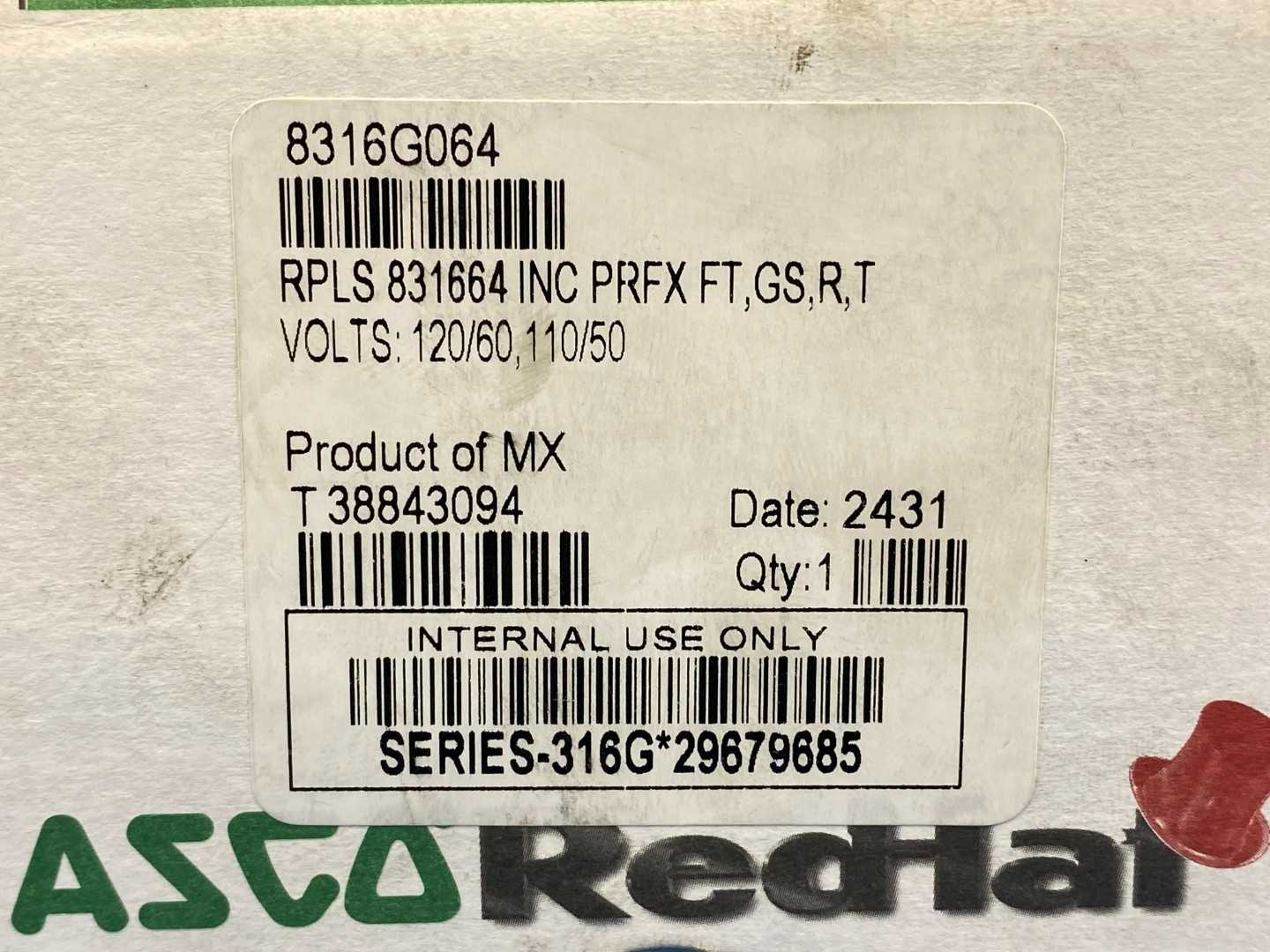 ASCO Red-Hat 8316G064 Solenoid Valve 1/2" pipe 110/120V 10-150 PSI Gas 10-125 PSI Water