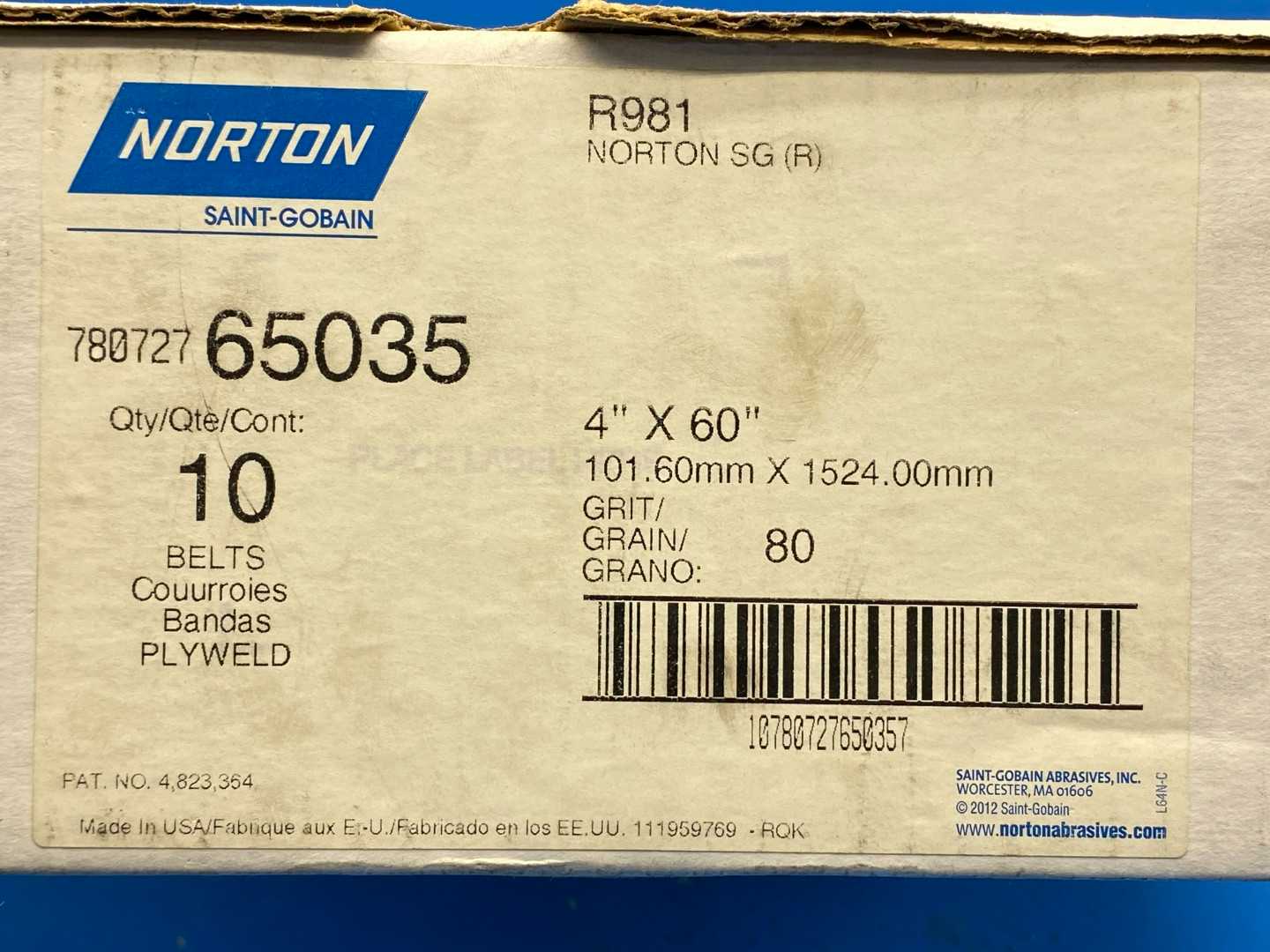 Norton R981 (65035), 4" X 60" Grit 80 Belts (Box of 10)