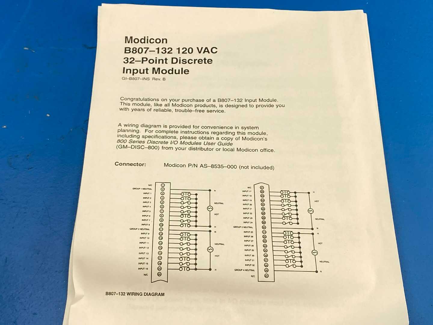 Schneider Electric- Modicon AS-B807-132, 800 I/O 155VAC IN 32PT Input Module PV:00 RL:75 SV:--
