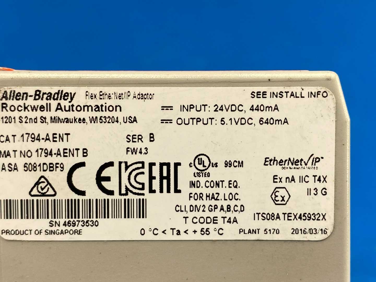 Allen Bradley 1794-AENT Flex I/O Ethernet/IP Adapter 24VDC Series B