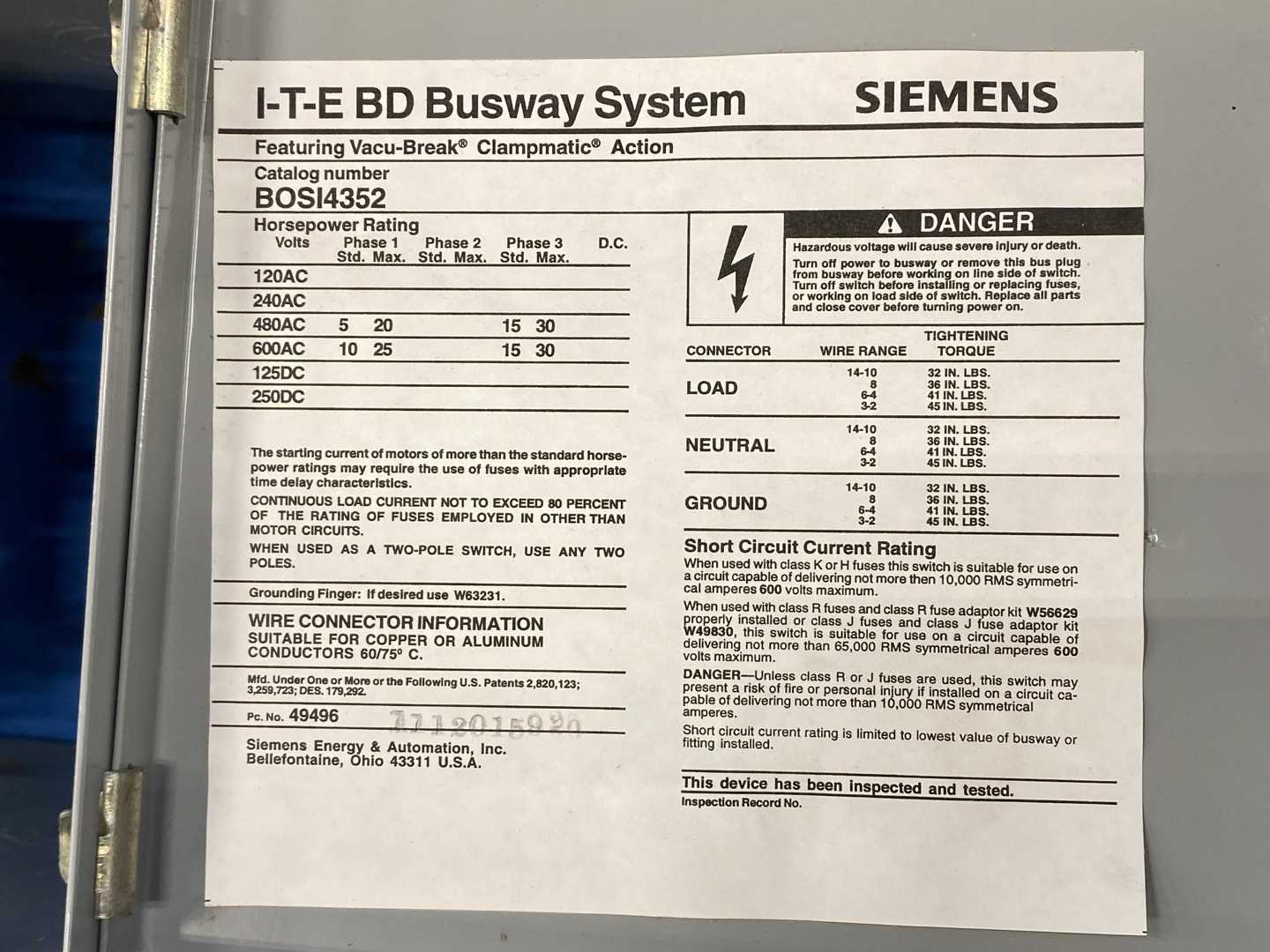 Siemens BOS14352, I-T-E BD Busway System Plug