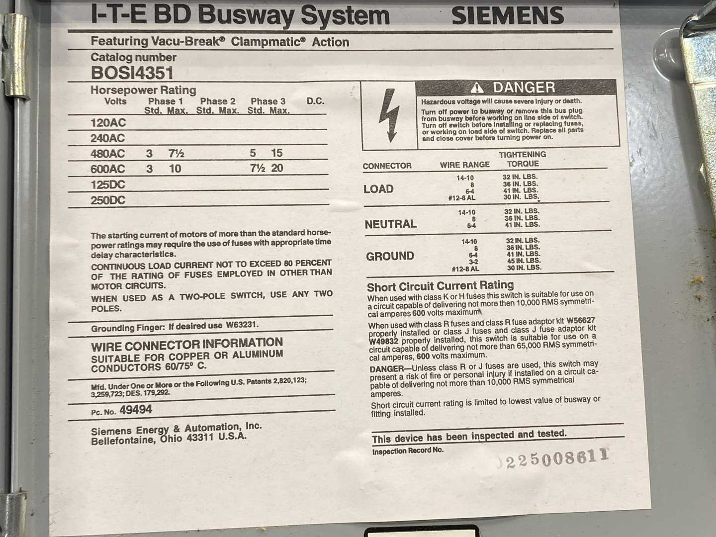 Siemens BOS14351, I-T-E BD Busway System Plug