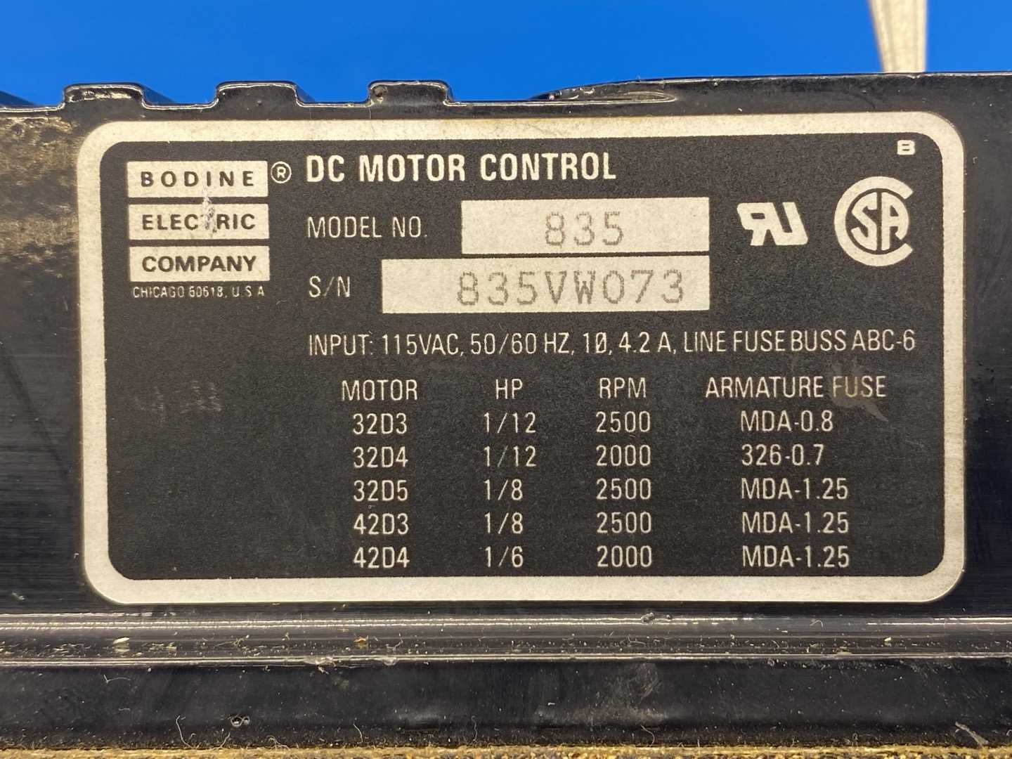Bodine Electric Model 835 DC Motor Control, Type FPM Adjustable Speed / Torque Control Single-Phase 4.2A 115V