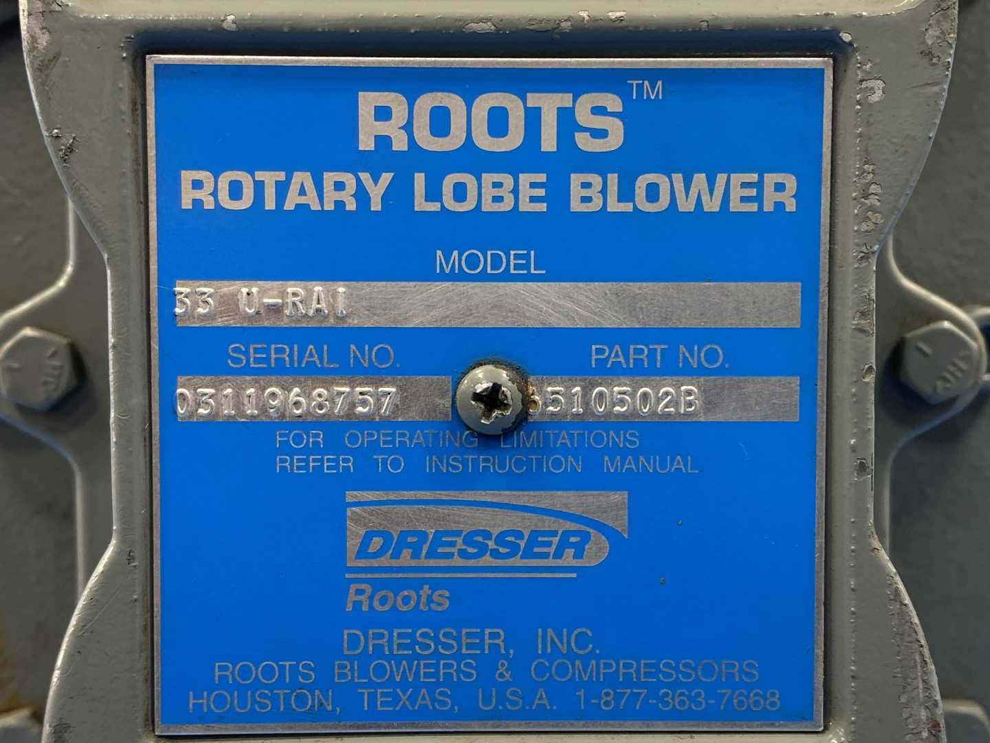 Dresser Roots 33 U-RAI (Part No. 6510502B) Rotary Lobe Blower (Vertical)