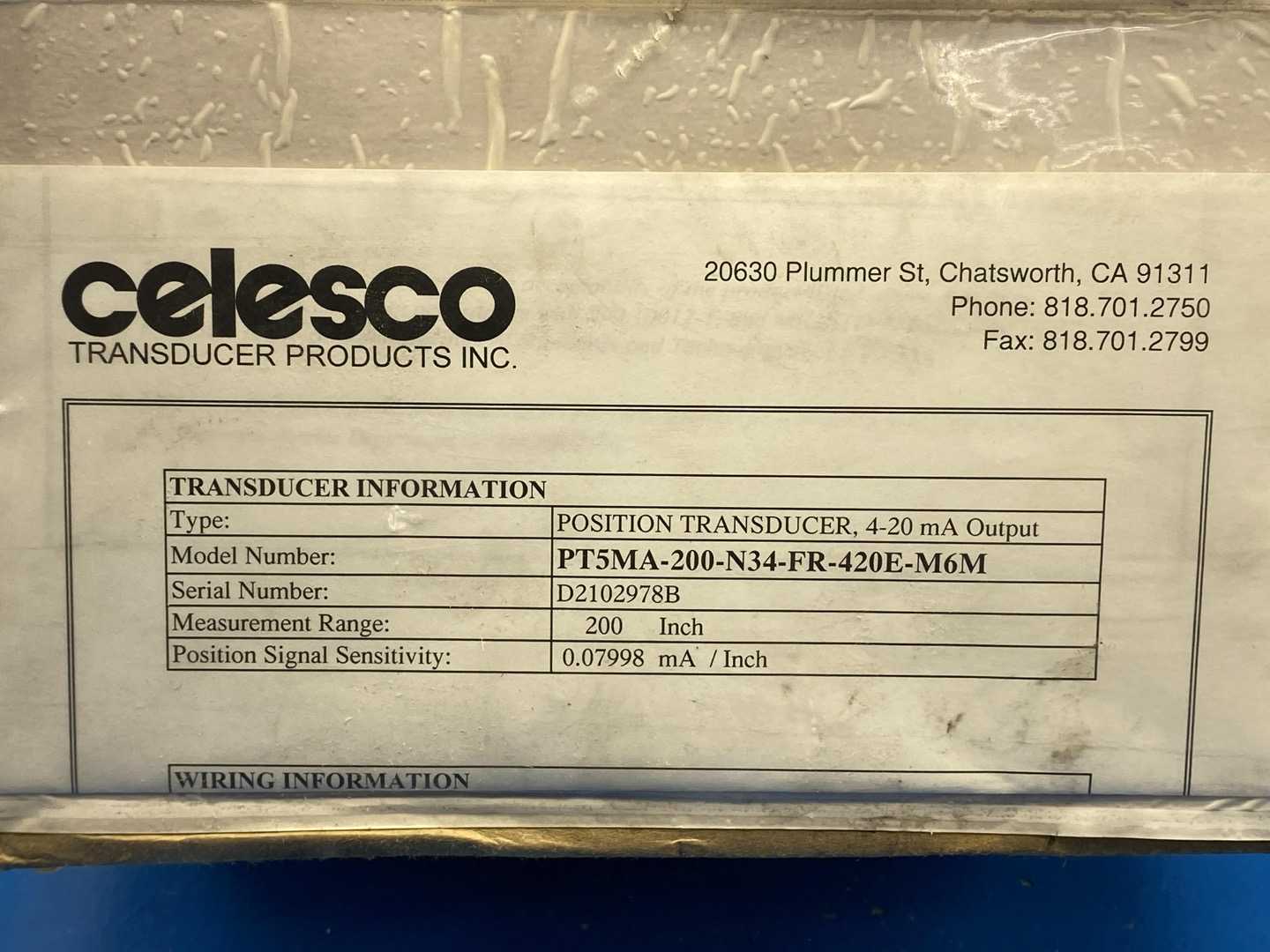 Celesco PT5MA-200-N34-FR-420E-M6M Position Transducer, 4-20mA Output