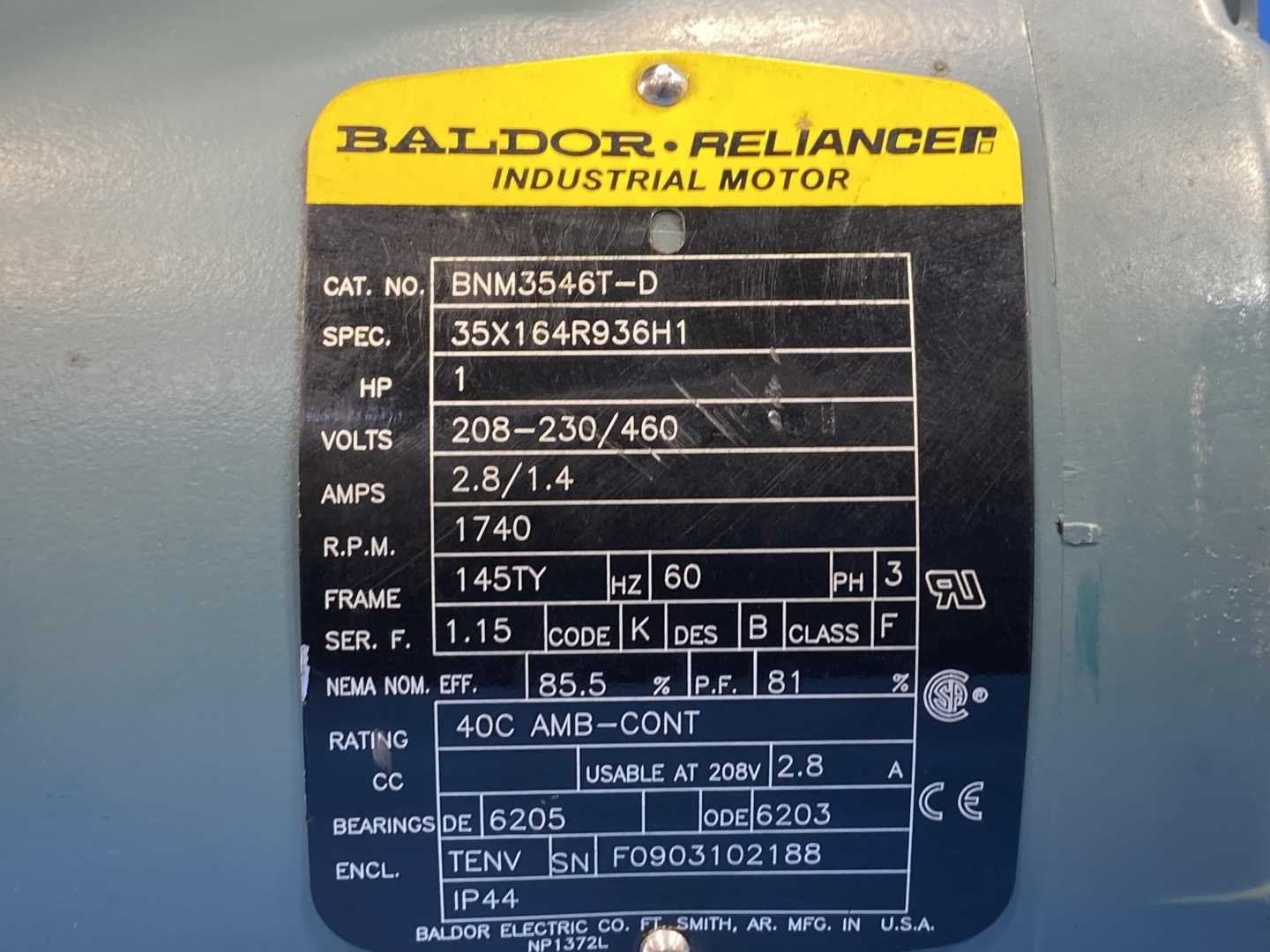 Baldor Reliance Motor BNM3546T-D 1740RPM 208-230/460 with Dodge 031395 D-Series Motor Brake