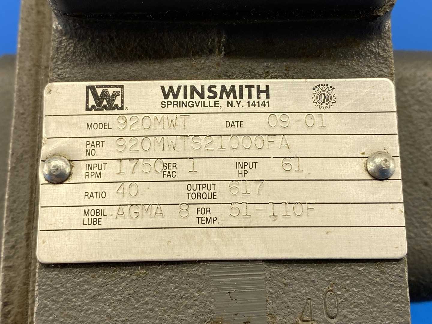 61HP, Winsmith 920MWT Type SE Speed Reducer, 1750RPM, Ratio 40, Mobil Lube AGMA 8