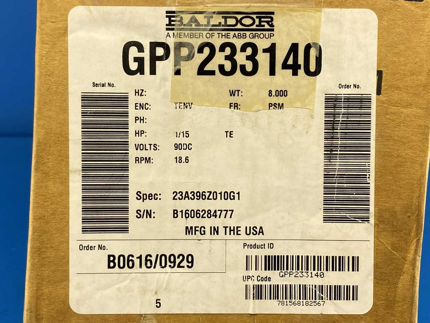 1/15 HP Baldor GPP233140 Motor  90DC Volts 18.6 RPM ENC: TENV FR: PSM Spec: 23A396Z010G1