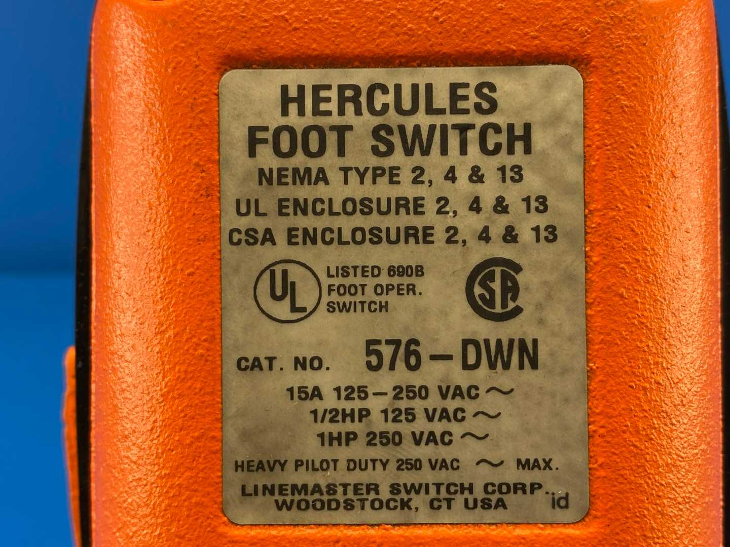 Hercules 576-DWN No Shield Foot Switch 15A 125-250VAC 1/2HP / 1HP