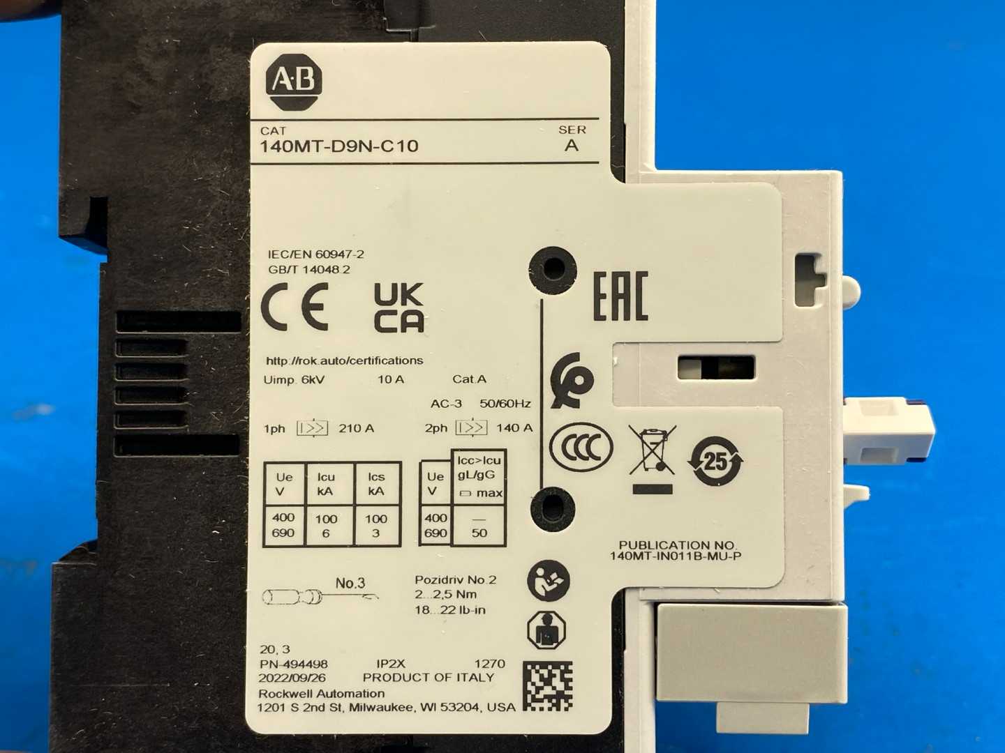 Allen-Bradley 140MT-D9N-C10 Motor Protection Circuit Breaker 10A