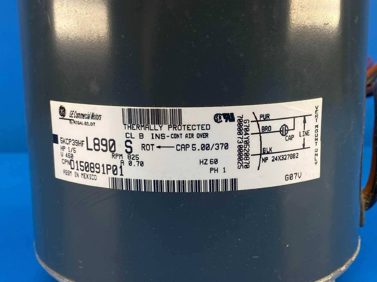 1/5HP, 460V 1Ph 0.70 Amp 825RPM General Electric MOT07622 (5KCP39HFL890S / X70370327010) Permanent Split Capacitor Motor