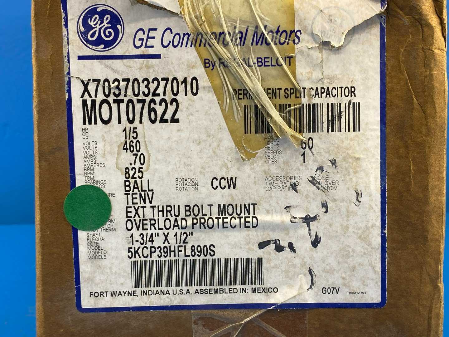 1/5HP, 460V 1Ph 0.70 Amp 825RPM General Electric MOT07622 (5KCP39HFL890S / X70370327010) Permanent Split Capacitor Motor