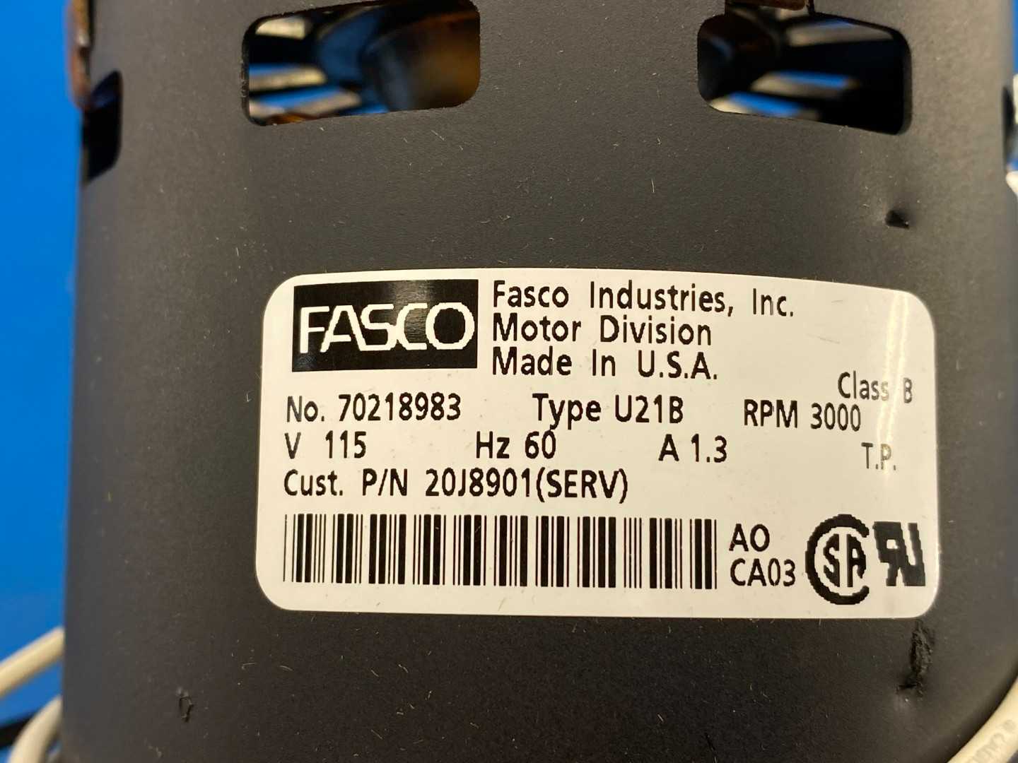 Fasco Industries No. 70218983 Type U21B Furnace Exhaust Draft Inducer Motor 115V 1.3A 3000RPM