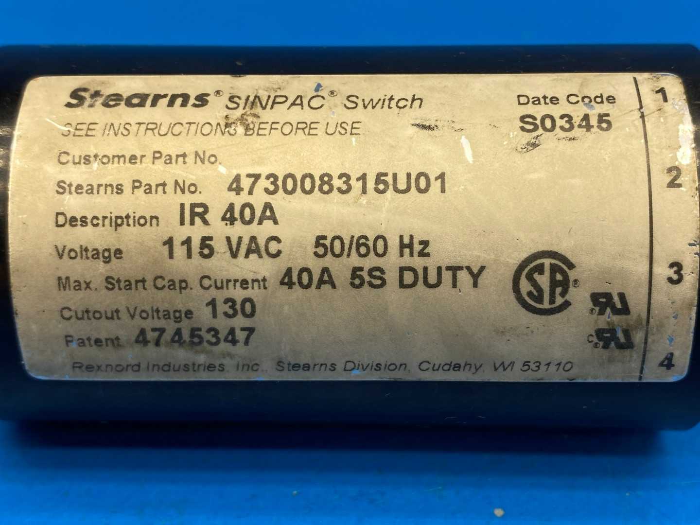 Stearns 473008315U01, IR 40A Instant Reversing SINPAC Switch