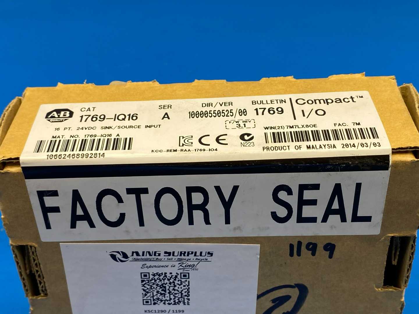 Allen-Bradley 1769-IQ16 SER A CompactLogix PLC 16 PT 24VDC Sink/Source Input Module DIR/VER 10000550525/00