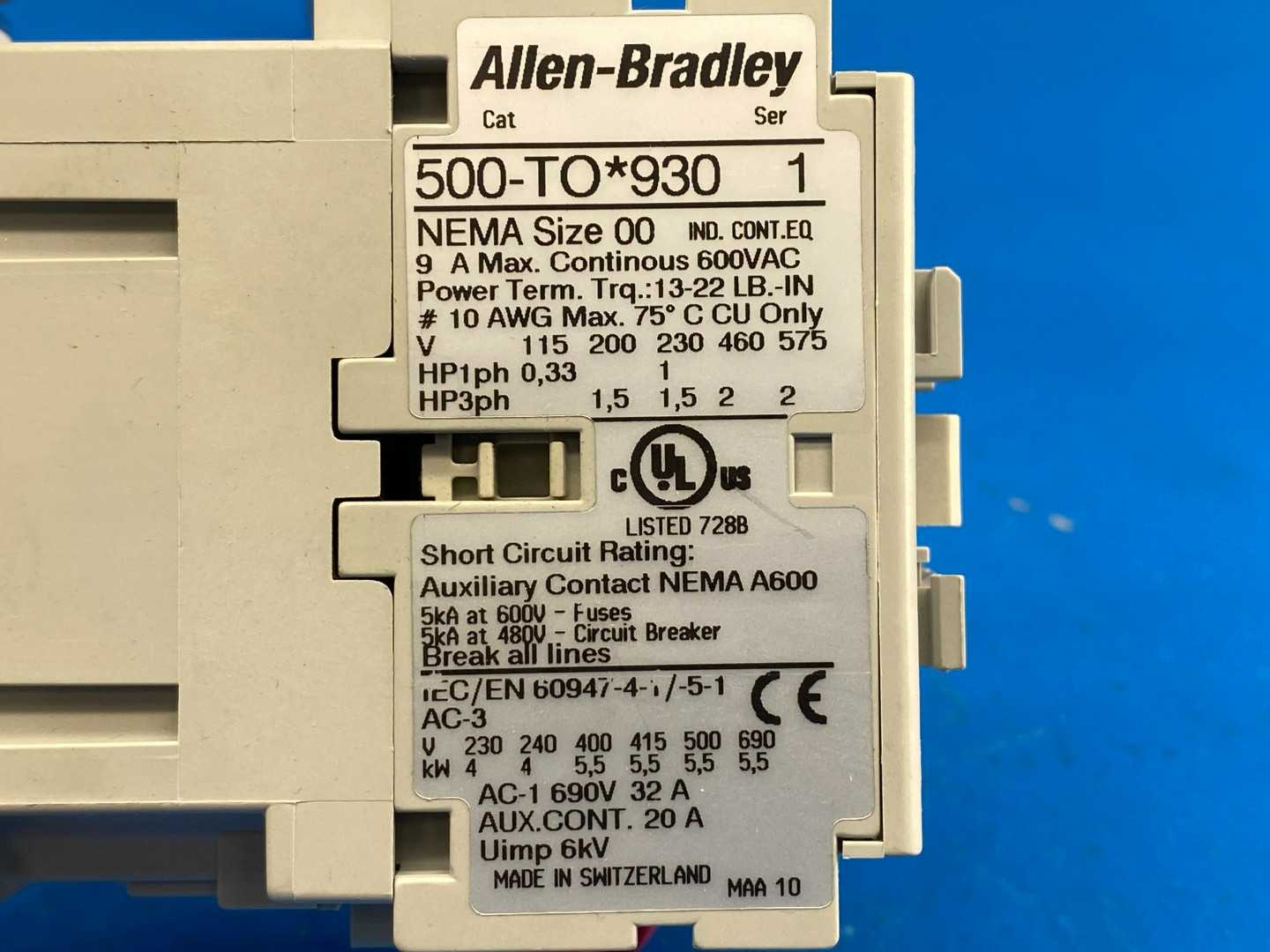Allen-Bradley 500-TOA930, AC Contactor Series 1 NEMA Size 00, 3-pole, 9 A