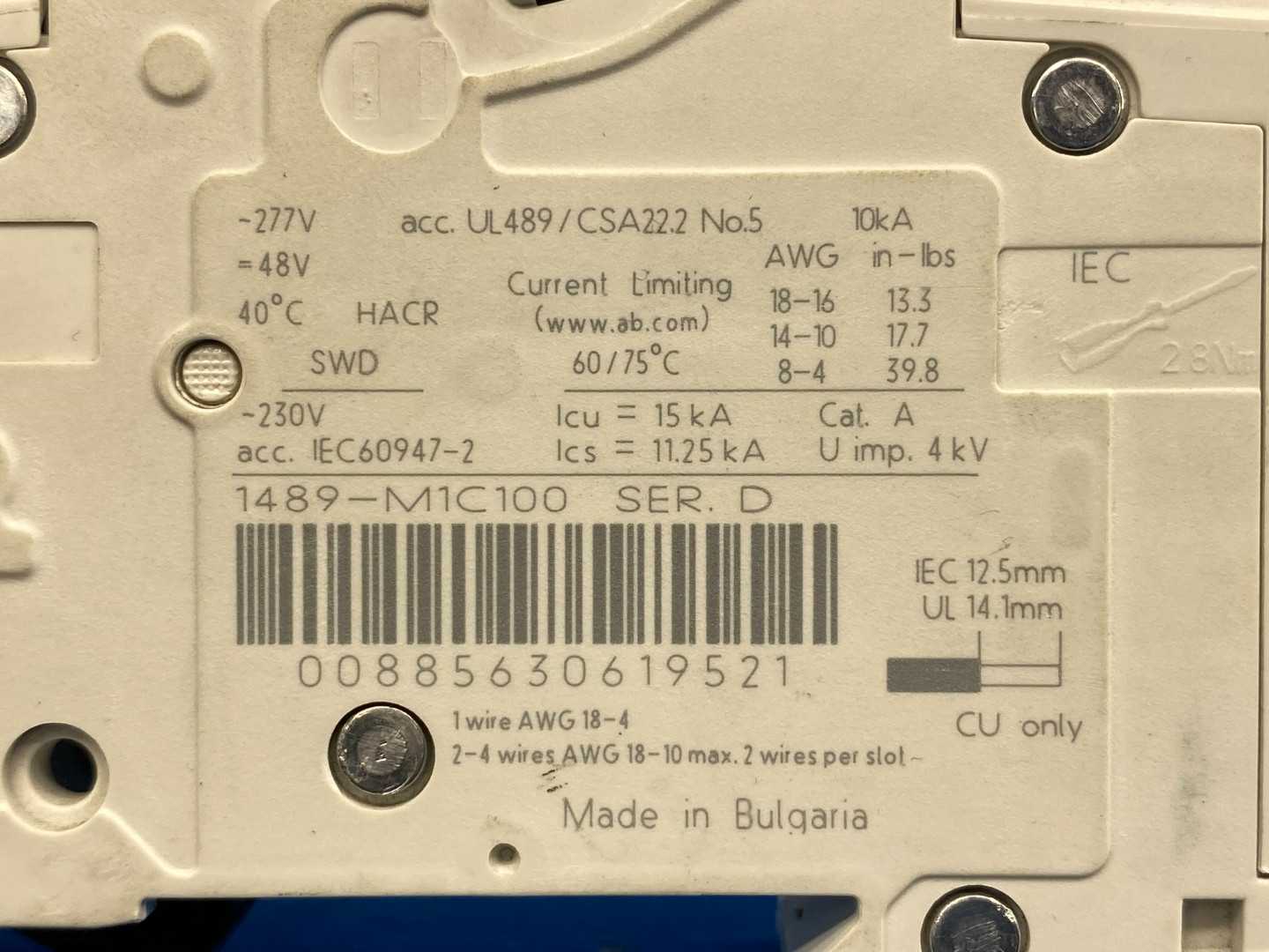 Allen-Bradley 1489-M1C100, Series D Circuit Breaker