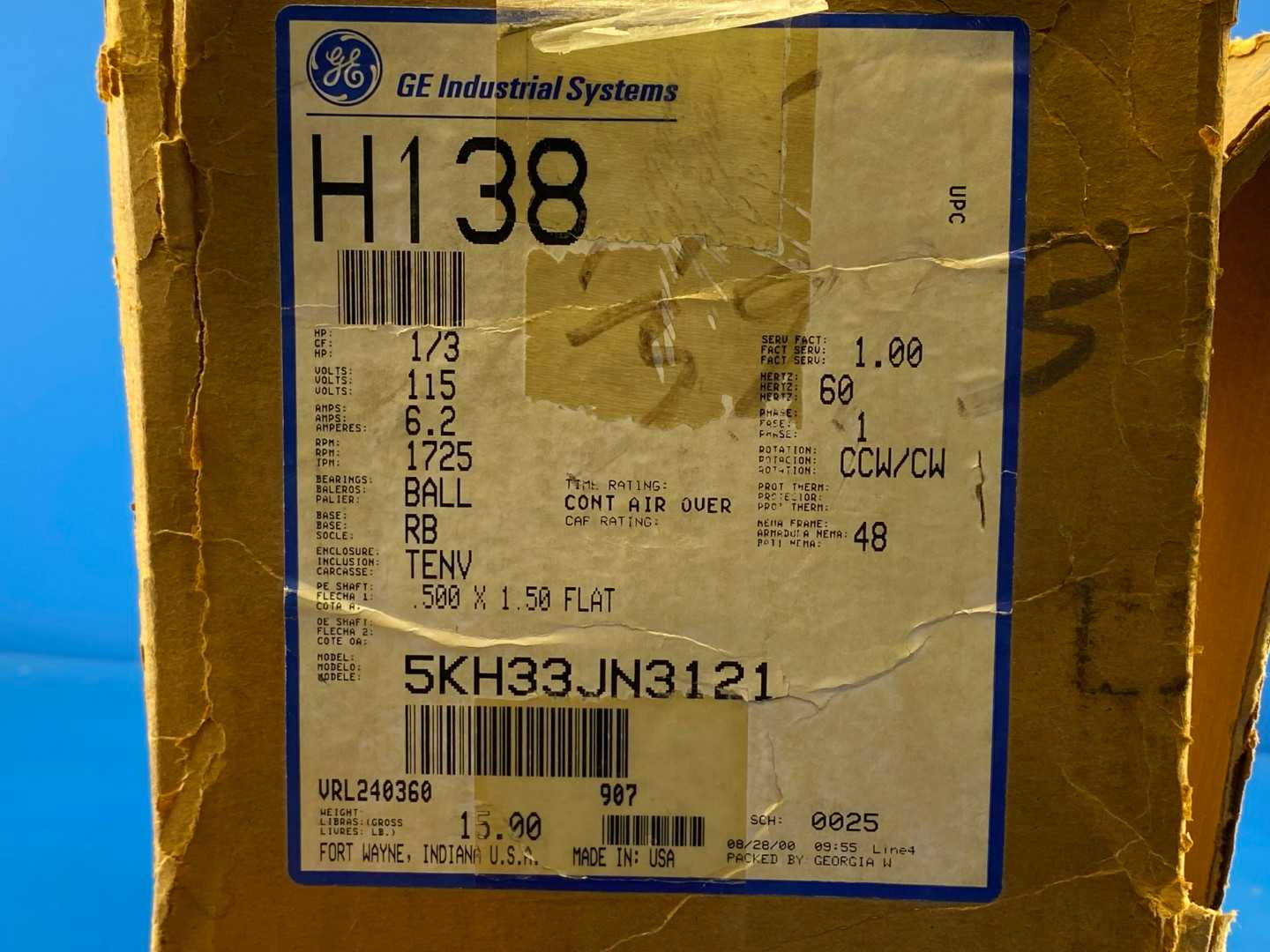 1/3HP 115V 1725 RPM Single-Phase General Electric AC Motor 5KH33JN3121 (H138)